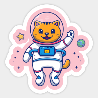 Cute Cat Astronaut Flying In Space Cartoon Sticker